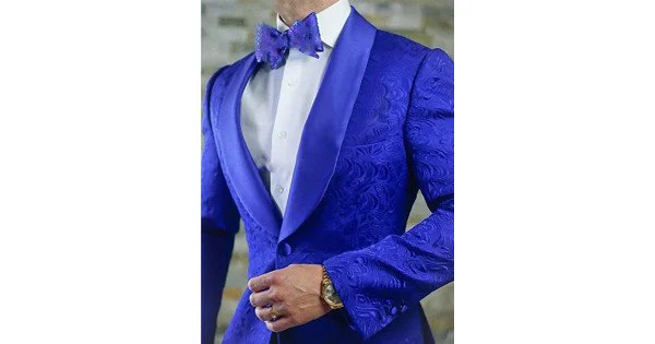 Blue Shawl Lapel White Jacquard Tuxedo Suit - Perfect for Groom