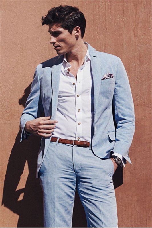Chic Casual Sky Blue Summer Men Suits | Two-Pieces Linen Beach Wedding Suits