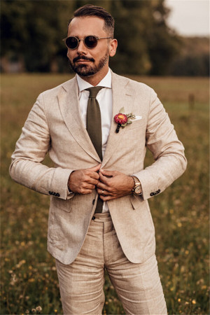 Fashion Linen Wedding Suit | Casual Summer Beach Groom Best Fitted Suit TuexedAOS