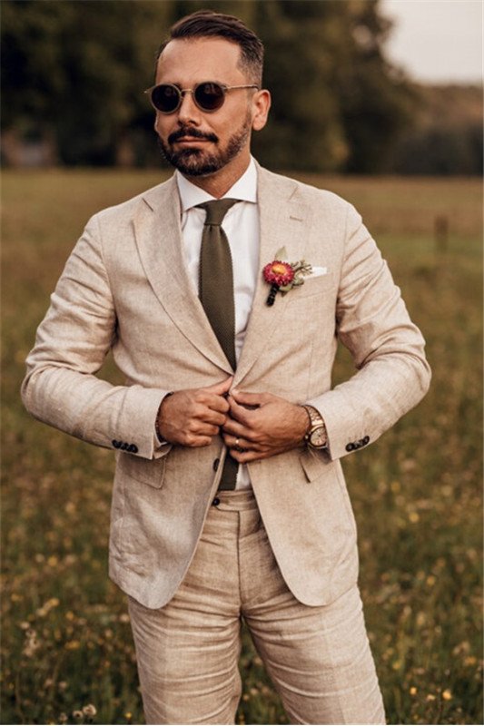 Fashion Linen Wedding Suit | Casual Summer Beach Groom Best Fitted Suit TuexedAOS