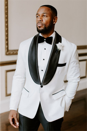 White Wedding TuxedAOS Best Fitted Suits For Men with Black Lapel White Wedding TuxedAOS Best Fitted Suits For Men with Black Lapel