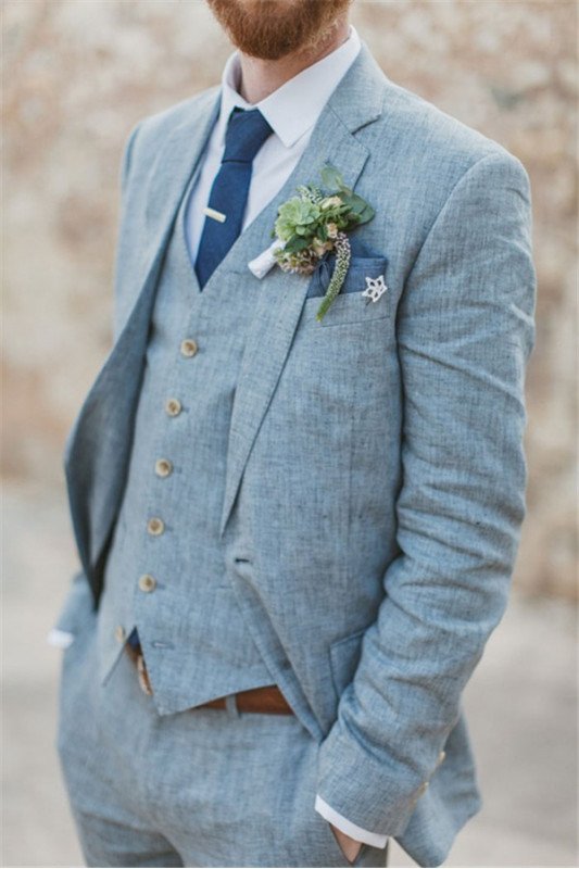 Chic Summer Blue Linen Beach ClAOSe Fitting Wedding Suits