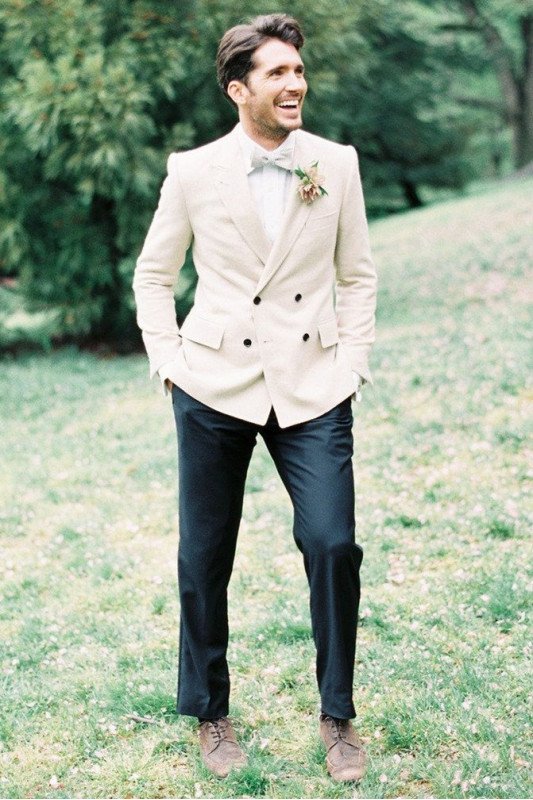 Ivory Two Pieces Double Breasted Best Fitted Wedding TuxedAOS For Groom