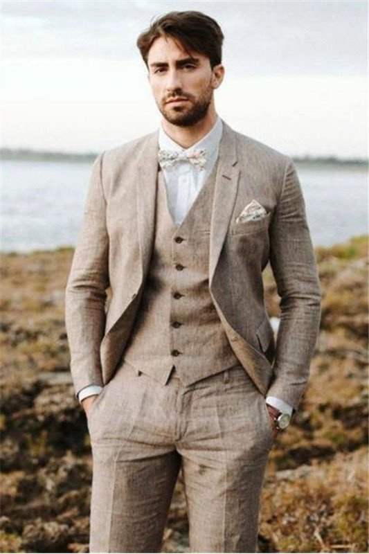 Khaki Linen Summer Beach Mens Classic Wedding TuxedAOS with Three-Pieces