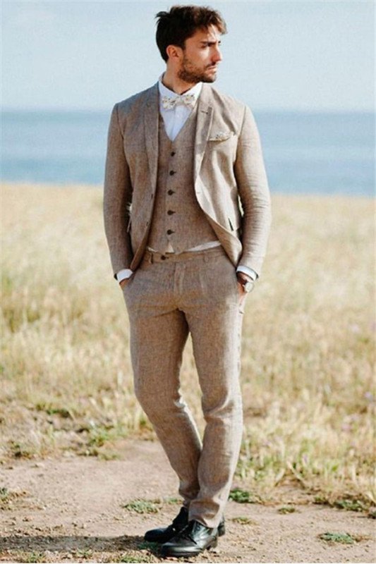 Khaki Linen Summer Beach Mens Classic Wedding TuxedAOS with Three-Pieces