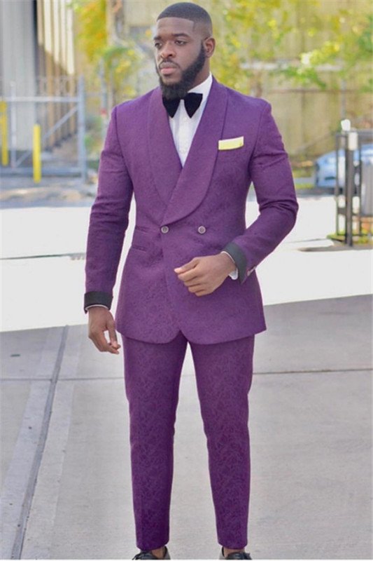 Chic Purple Best Fitted Groom TuxedAOS | Jacquard Prom Outfits Suits