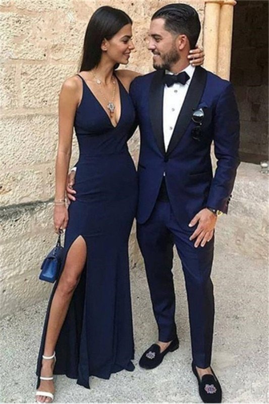 Dark Blue One buttons Bespoke Two-Piece Prom Men Suits with Black Lapel