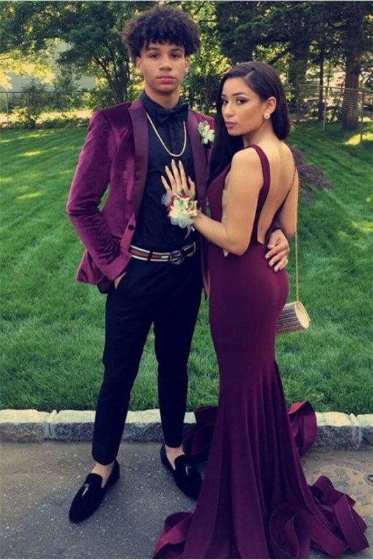 Burgundy Velvet Two Pieces Peak Lapel Chic Prom Suits for Men