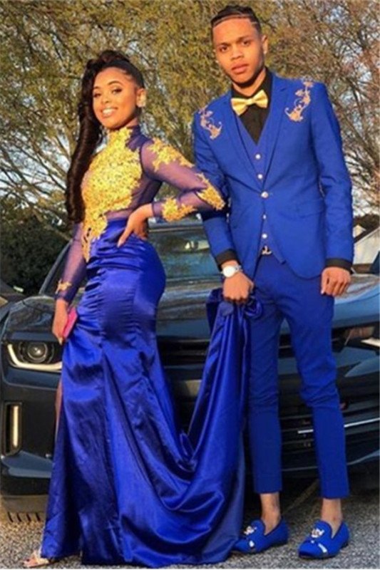 Chic Royal Blue Three Pieces Appliques Prom Men Suits