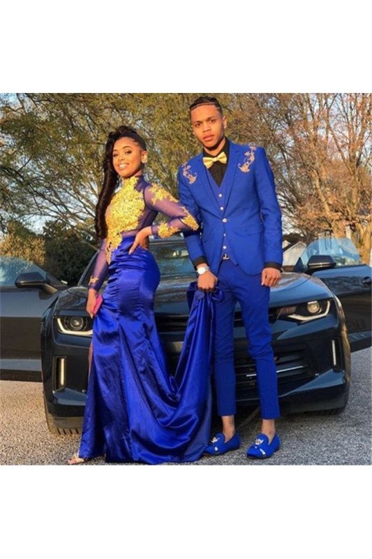 Chic Royal Blue Three Pieces Appliques Prom Men Suits