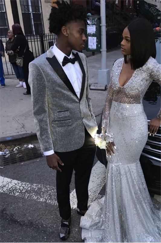 Fashion Silver Sequins Men Suits | Peaked Lapel Two Piece Prom Outfits