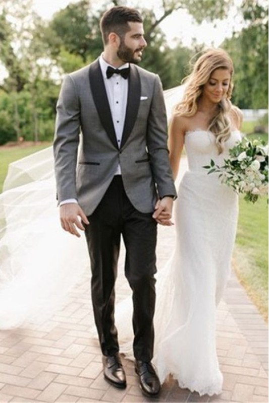 Chic Gray Shawl Lapel Wedding Suit | One buttons Men's Suit