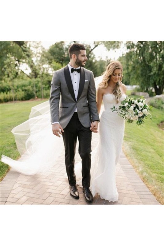 Chic Gray Shawl Lapel Wedding Suit | One buttons Men's Suit