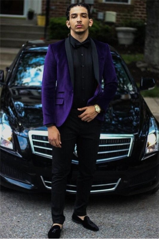 Purple Velvet Chic Prom Suits | Two Piece Men Suit with Black Lapel