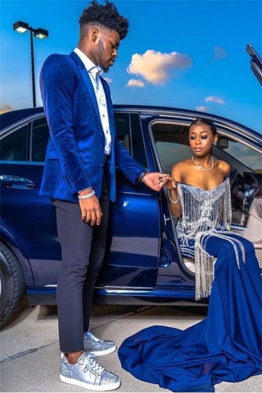 Royal Blue Velvet Prom Outfits | Chic Peaked Laple Men's Suit with 2 Pieces