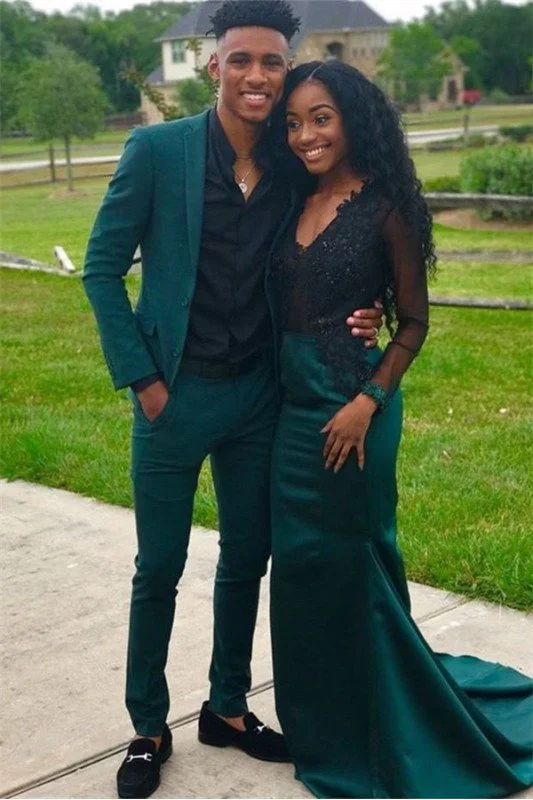 dark green 2 piece prom dress Prom Dresses Dark Green Off the Shoulder Straps Bodice Zip Back Prom Dresses with Slit
