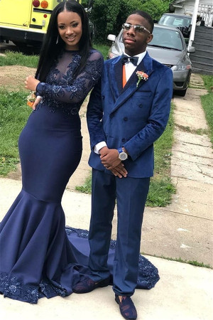 Fashion Navy Blue Velvet Men Suit | Peaked Lapel Double Breasted Prom Suit
