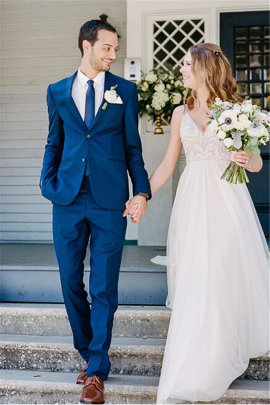 Royal Blue Notched Lapel Slim Fit Wedding Groom Men Suit