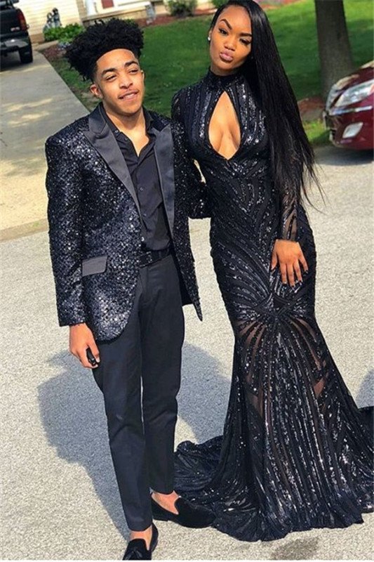 Newest Black Sequins Men Suit | Unique Peak Lapel Two Piece Prom Outfits