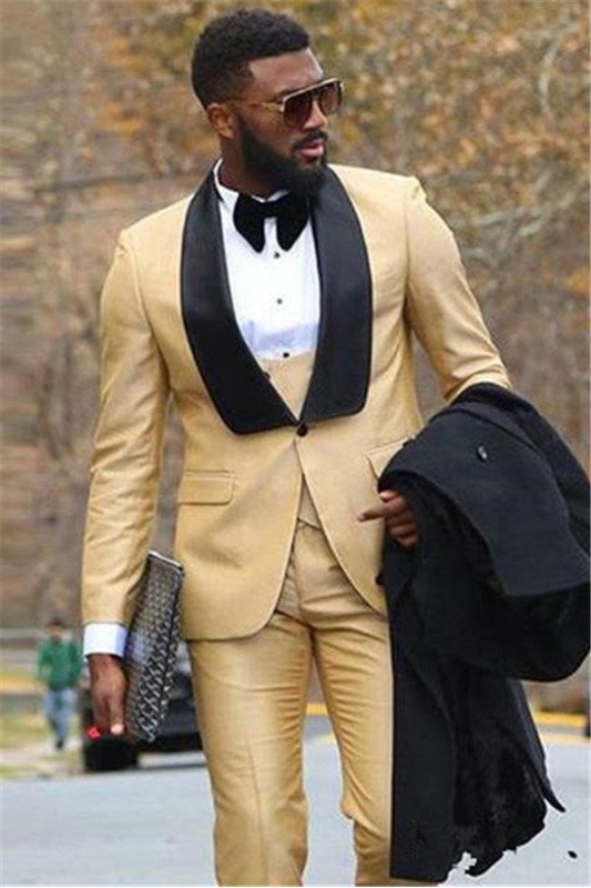 Champagne Three Piece Slim Fit Business Men Suit with Black Lapel