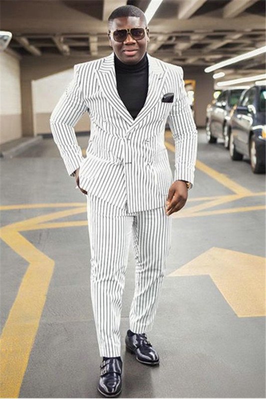 Chic White Striped Peaked Lapel Formal Business Mens Suit
