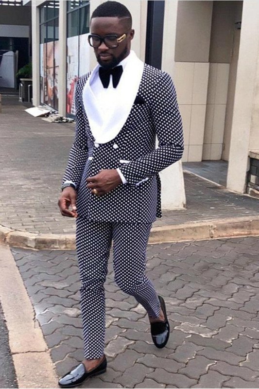 Chic Black Dot Double Breasted Mens Suit  with White Lapel
