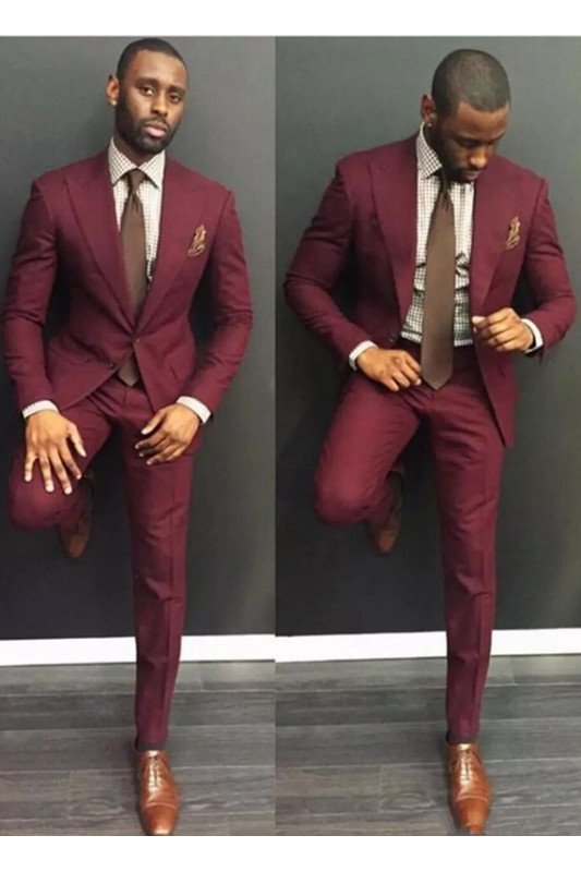 Simple Burgundy Best Fitted Peaked Lapel Mens Suit with 2-Piece