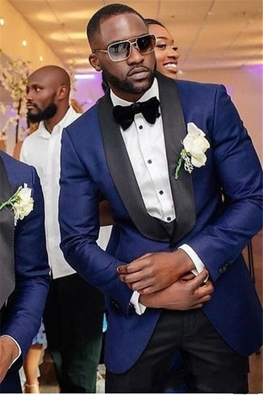 Navy Blue 3 Piece Wedding Groomsmen Suit with Black Shawl Lapel