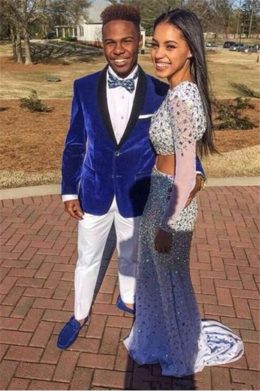 Royal Blue Velvet Black Shawl Lapel Prom Outfits for Boy