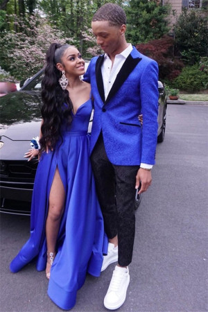 Fashion Royal Blue Jacquard One buttons Peaked Lapel Prom Mens Suits Fashion Royal Blue Jacquard One buttons Peaked Lapel Prom Mens Suits