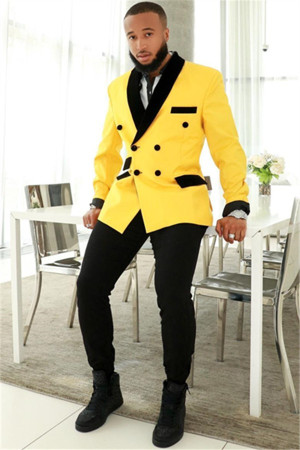 Fashion Yellow Double Breasted Best Fitted Mens Suits with Black Shawl Fashion Yellow Double Breasted Best Fitted Mens Suits with Black Shawl