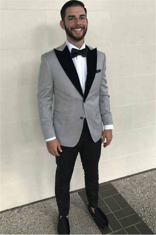 Formal Grey Best Fitted Business Mens Suits with Black Peaked Lapel