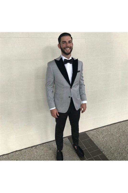 Formal Grey Best Fitted Business Mens Suits with Black Peaked Lapel