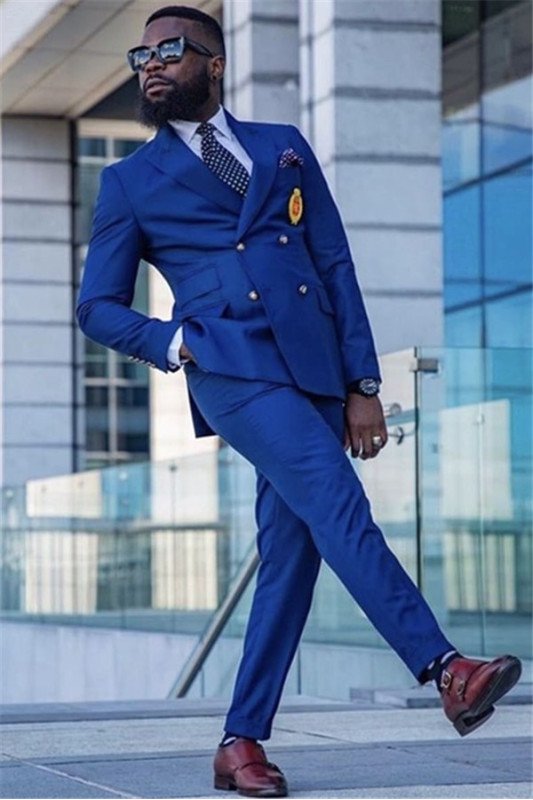 Bespoke Royal Blue Double Breasted Peaked Lapel Formal Mens Suit