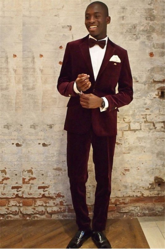 Wine Red Velvet Notched Lapel Bespoke Mens Suits 