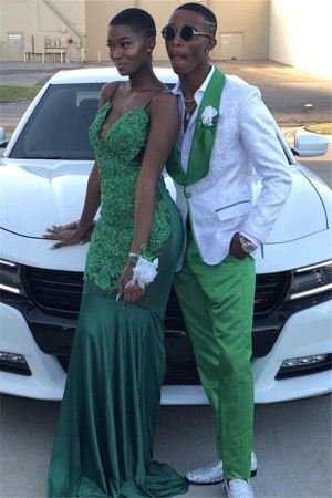 White Jacquard One buttons Prom Outfits for Boys with Green Lapel White Jacquard One buttons Prom Outfits for Boys with Green Lapel