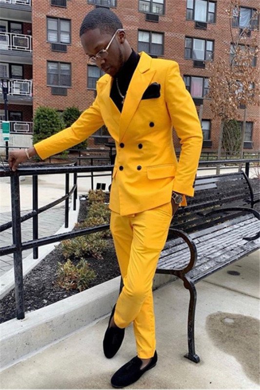Yellow Double Breasted Best Fitted Peaked Lapel Mens Suits