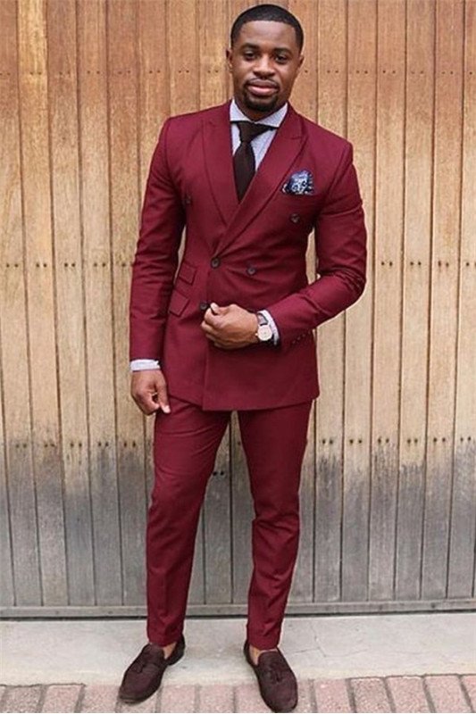 Chic Red Double Breasted Peaked Lapel Mens Suits Jacket