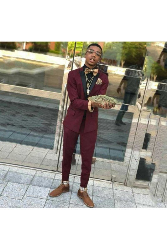 Newest Fashion Burgundy Two Piece Mens Suits with Black Lapel