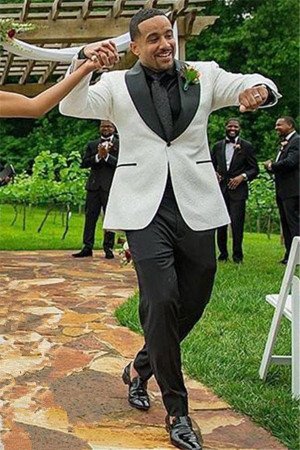 Fashion White Jacquard Shawl Lapel One buttons Wedding Mens Suit