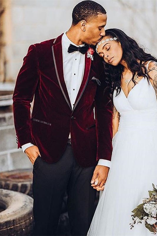 Cool Burgundy Velvet One buttons Wedding Groom Suit for Men