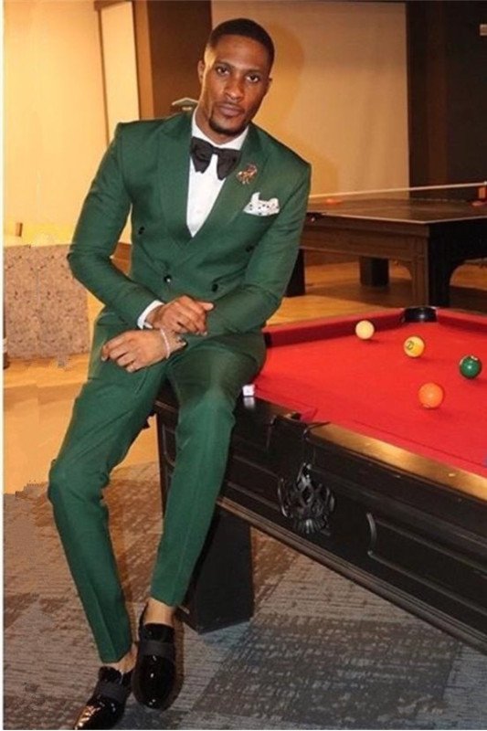 Dark Green Double Breasted Peaked Lapel 2 Pieces Mens Suit