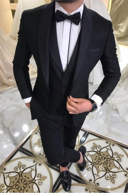 Three Piece Black Men's Suits for Groom | Shawl Lapel Wedding TuxedAOS with Waistcoat