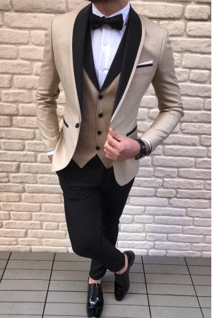 Three Piece Gold Champagne Wedding Suits | Black Satin Shawl Lapel Wedding TuxedAOS Three Piece Gold Champagne Wedding Suits | Black Satin Shawl Lapel Wedding TuxedAOS