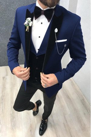 Three Piece Black-and-blue Peak Lapel Wedding Suits TuxedAOS with Waistcoat Three Piece Black-and-blue Peak Lapel Wedding Suits TuxedAOS with Waistcoat
