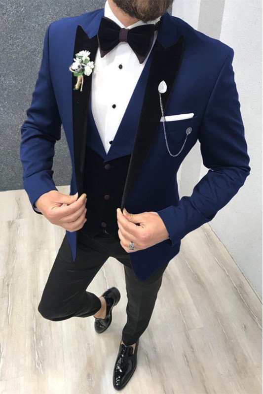 Three Piece Black-and-blue Peak Lapel Wedding Suits TuxedAOS with Waistcoat