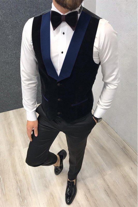Three Piece Black-and-blue Peak Lapel Wedding Suits TuxedAOS with Waistcoat