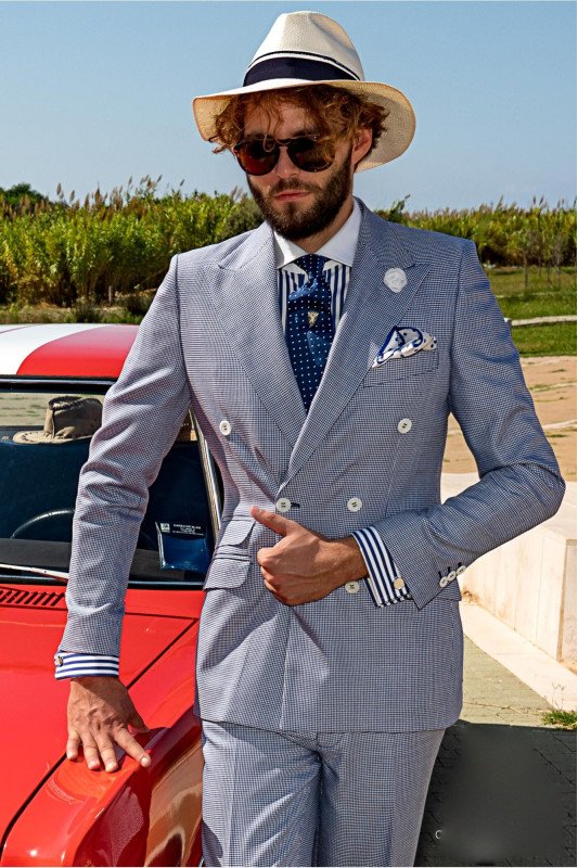 Fashion Silver Double Breasted Peaked Lapel Plaid Formal Men Suits 