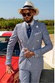 Fashion Silver Double Breasted Peaked Lapel Plaid Formal Men Suits 