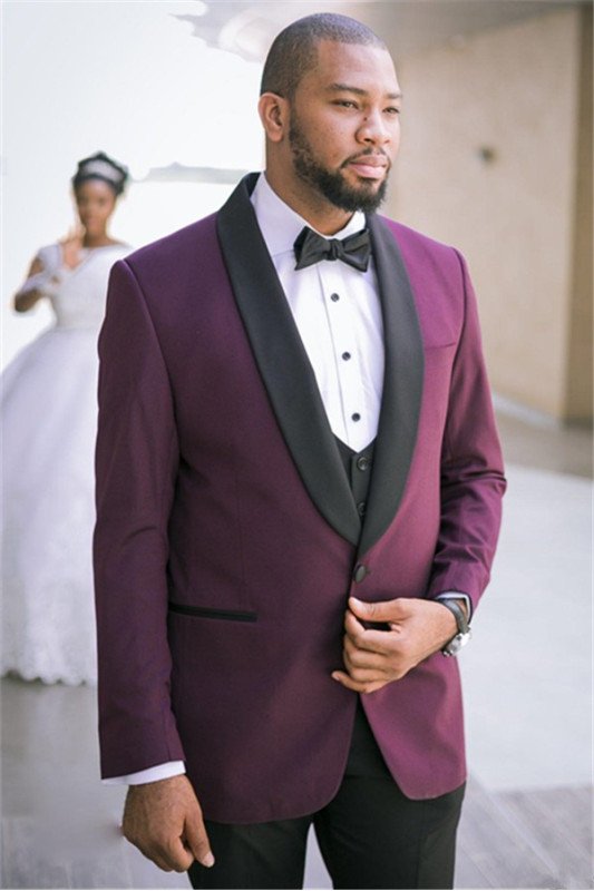 Bespoke Purple Three-Piece Best Fitted Wedding Suits with Black Lapel